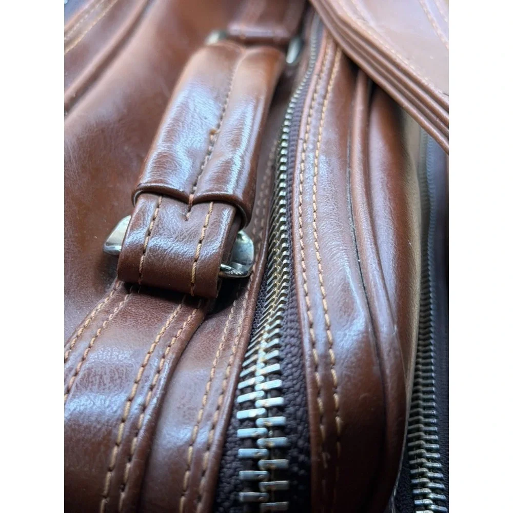 Vintage Brown Camera Shoulder Bag YKK Zippers Faux Leather Adjustable Strap